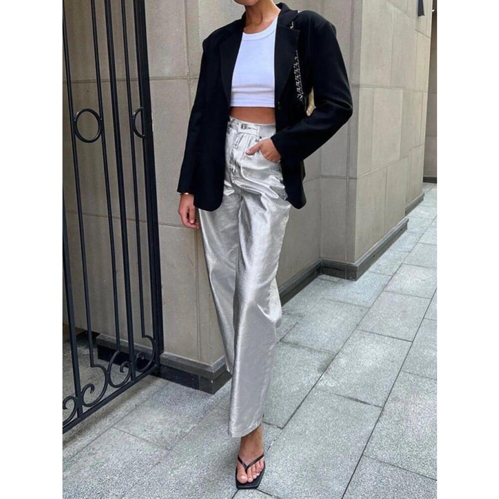 Commense Metallic Leather Straight Leg Pants, Silver, XS (See Description!) C17